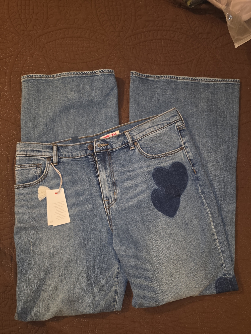 Johnny Was Light Blue Denim Wide Leg Jeans with Dark Blue Heart Patches